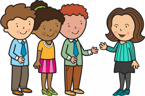 illustration of emma ralph character speaking to group of teachers